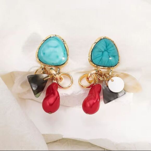 New ZARA  Gold and Turquoise Stone Dangle Charm Earrings - Picture 6 of 11